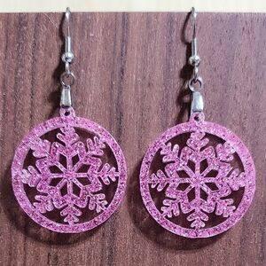 Snowflake Pink Glitter Acrylic Earrings